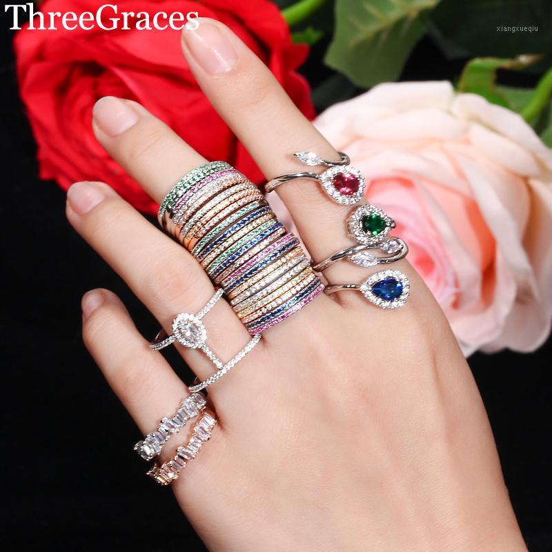 

Band Rings ThreeGraces Selling Women Engagement Dancing Party Geometry Finger Ring Cubic Zirconia Femme Exquisite Set RG084, Silver