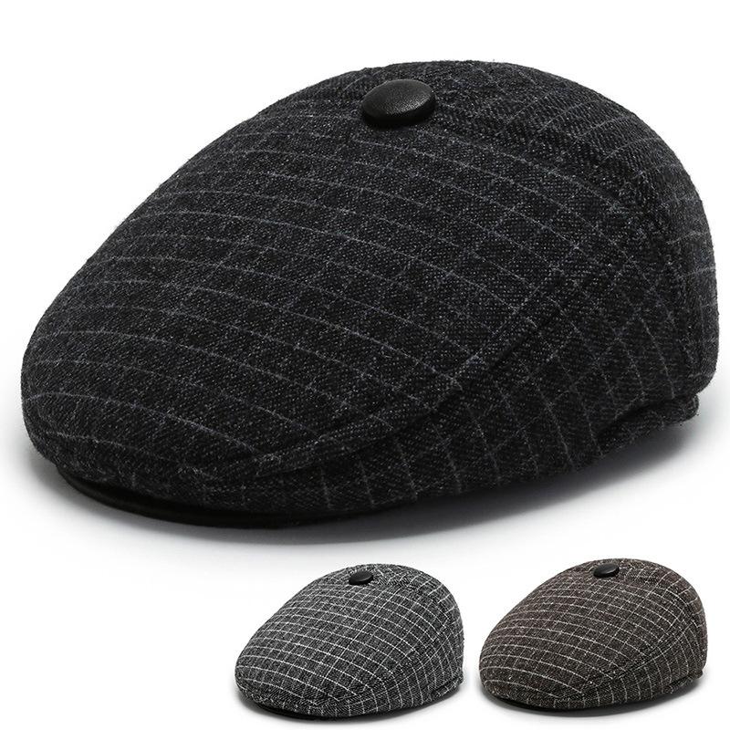 

beret cap men autumn winter hat earmuff cap thick fabric warm ear dad hat vintage newsboy flat, Black