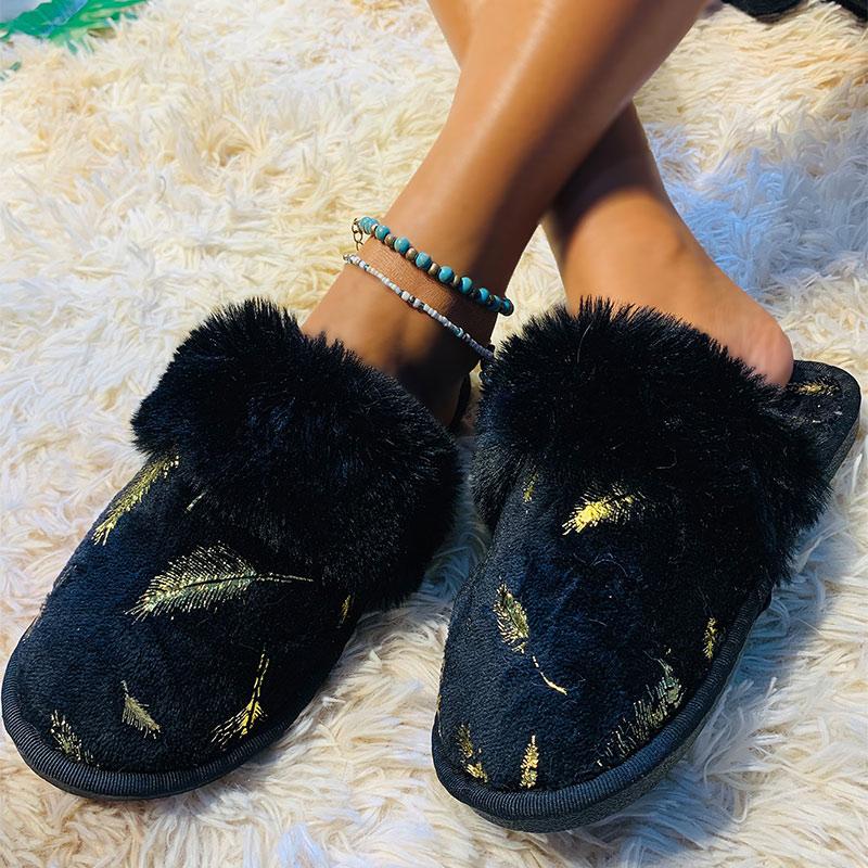 

Women Fur Slippers Winter Ladies Flat Shoes Indoor House Slippers Female Home Women's Warm Shoes Fashion woman Footwear, Black