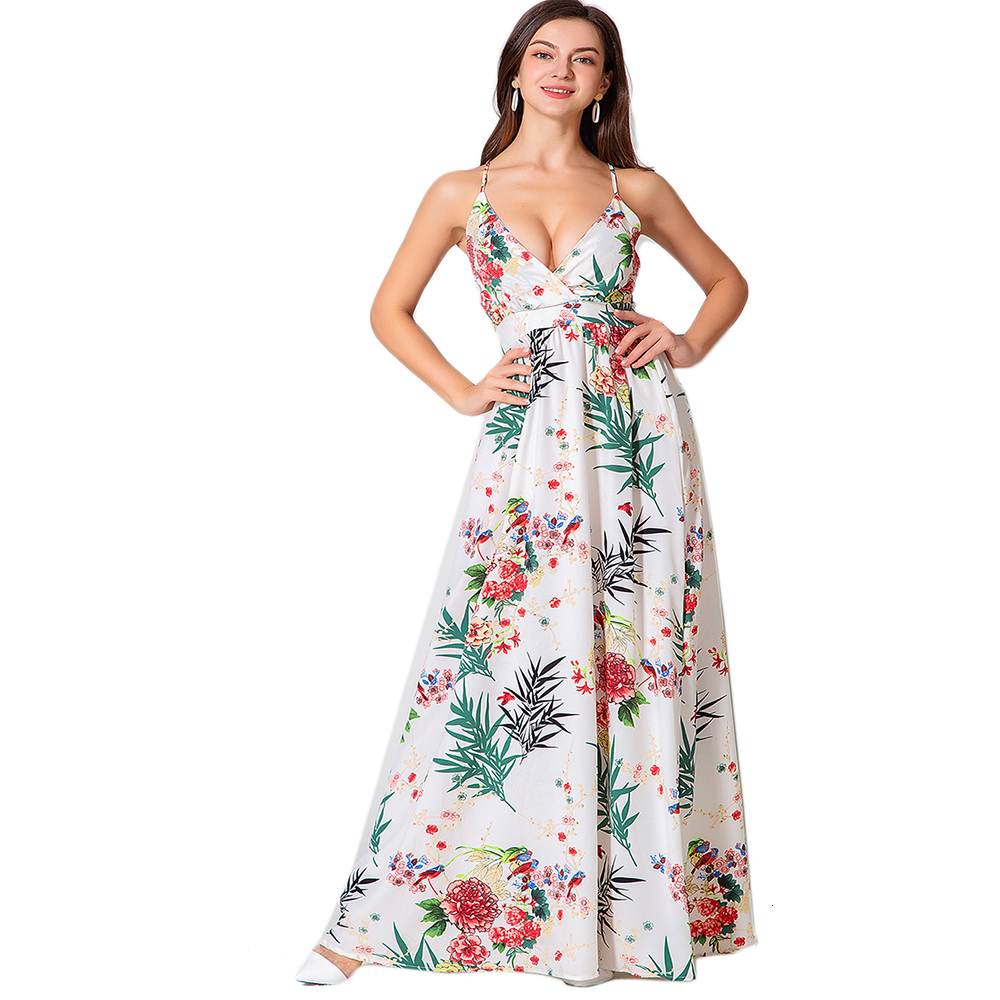 

2021 New Women Floral Print Summer Sexy V-neck Backless Long Es Elegant Bohemian Party Vestido J0wn, Blue