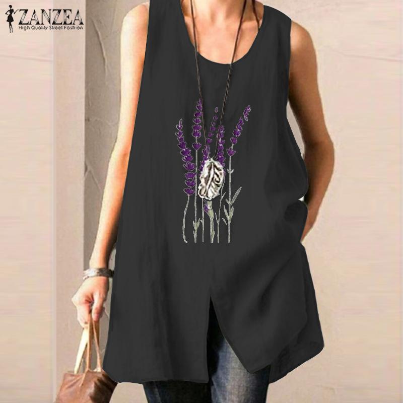

ZANZEA 2021 Kaftan Summer Tank Tops Women' Embroidery Blouse Casual Sleeveless Floral Blusas Female Split Tunic Plus Size 5XL, Black
