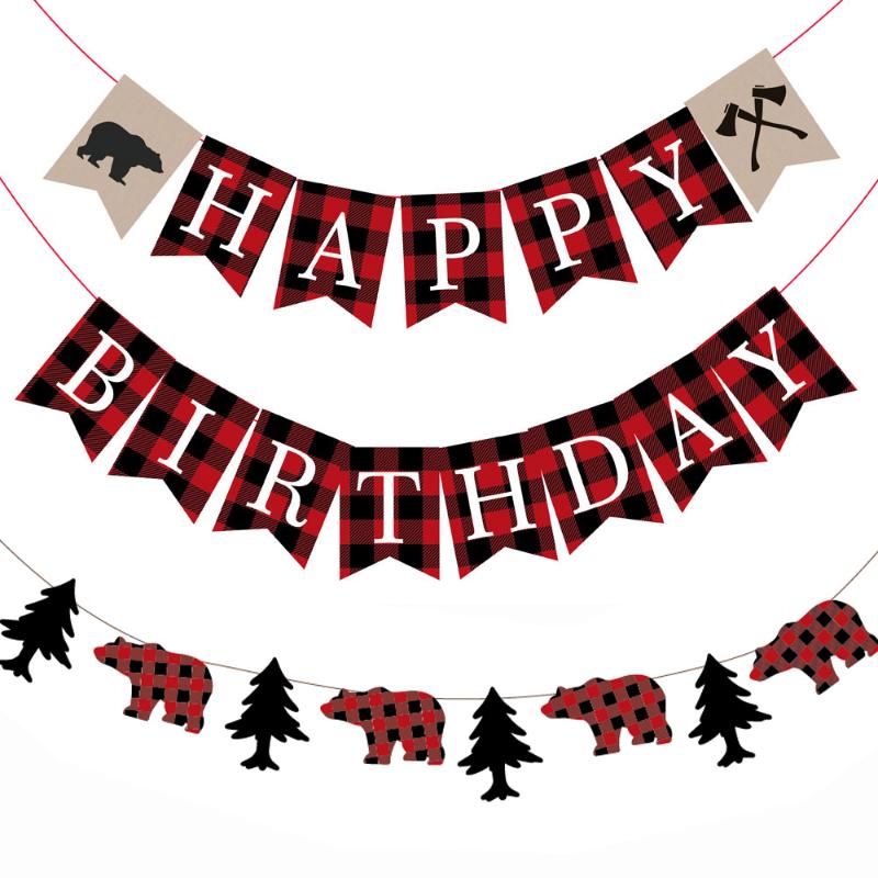 

Lumberjack Party Favors Hanging Banners Bunting For Kids Birthday Party Christmas Decorations Plaid Bear Tree Supplies