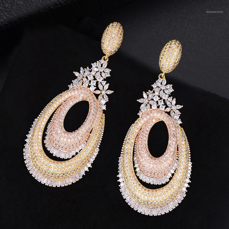 

72mm Luxury Floral Flower Hollow Geometry Full Mirco Paved Microl Zircon Naija Wedding Earring Fashion Jewelry High Quality 20201