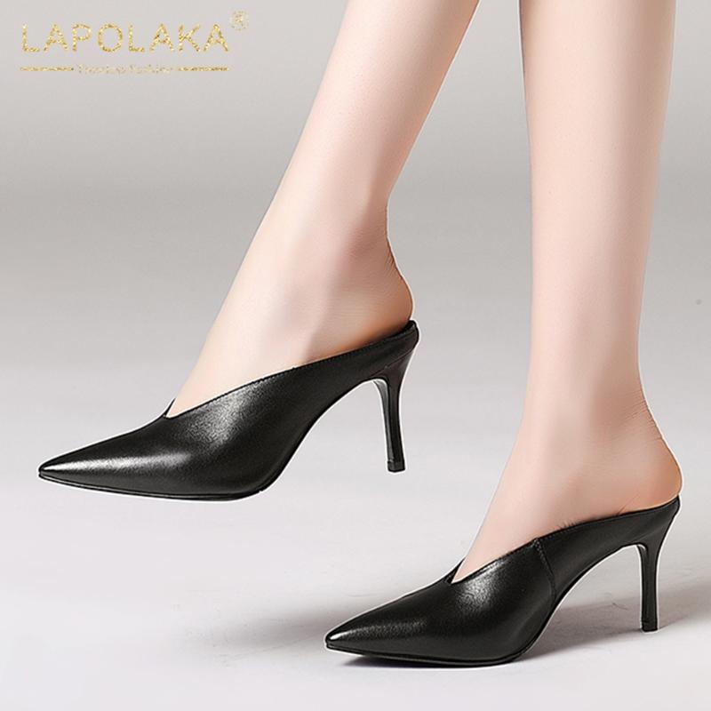 

Lapolaka 2020 Hot Sale Genuine Cow Leather Pointed Toe Summer Shoes Woman Pumps Mules Thin High Heels Slip-On Pumps Women, Black