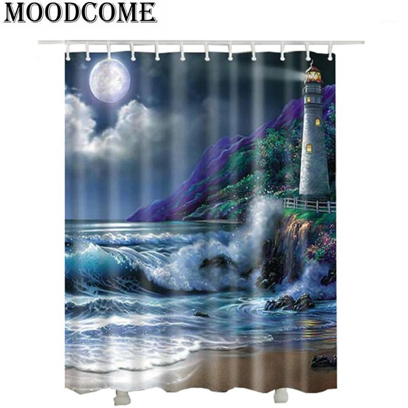 

waterproof fabric 3D lighthouse shower curtain for bathroom Hot sale cortinas ducha beach Sea Moon shower curtain1