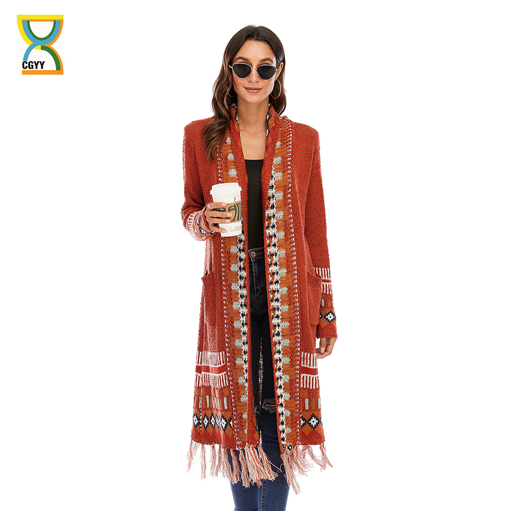 

CGYY Fashion Rust Red Color Autumn Winter Long Sleeve Knitted Boho Plaid Cardigan Women Open Front Sweaters with Fringe Tassel