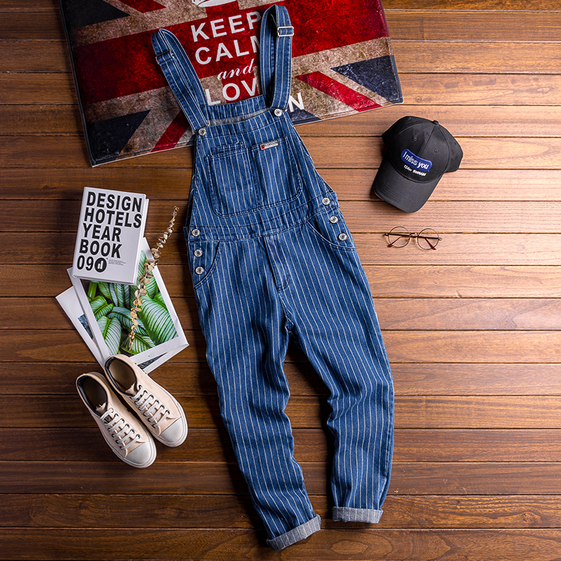 

2021 Men Blue Stripe Denim Coveralls Vintage Jpanese Work Done with Men's Overalls Tools Fashion New Arrival Breeches Ds50729 4QRT