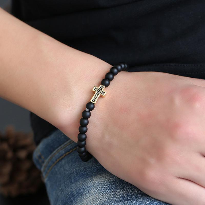 

HOBBORN Classic Natural Stone Beads Women Men Bracelet 6mm MaBlack Onyx Strand Crystal Cross Charm Energy Unisex Bracelets