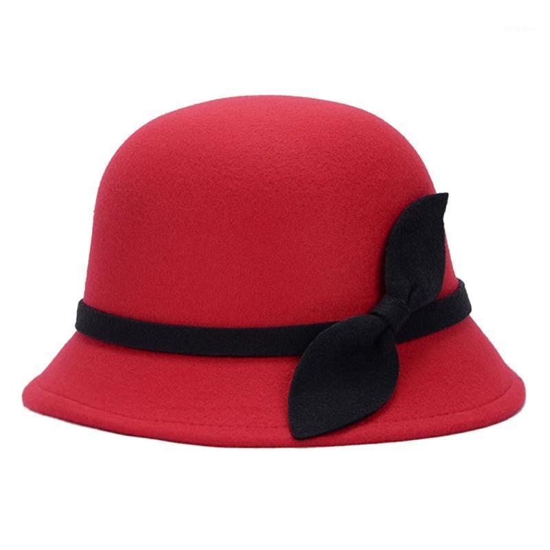 

Cute Fashion Ladies Women Faux Wool Felt Bucket Hats Cloche Bowler Cap with Bowknot SEC881, Black red