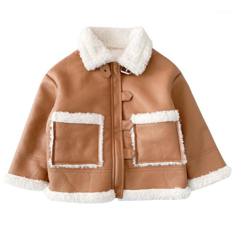 

DFXD New Arrival Winter Children Faux Leather Jacket Fashion Lamb Wool Collar Patchwork Plus Velvet Warm Coats Boys Girls Outfit1, Brown