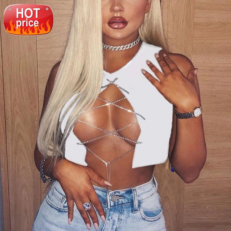 

White Sexy Tank Top Women O Neck Hollow Out Patchwork Gold Metal Chain Sleeveless Stretchy Crop Top Rave Festival Hot Tank #7Z6x