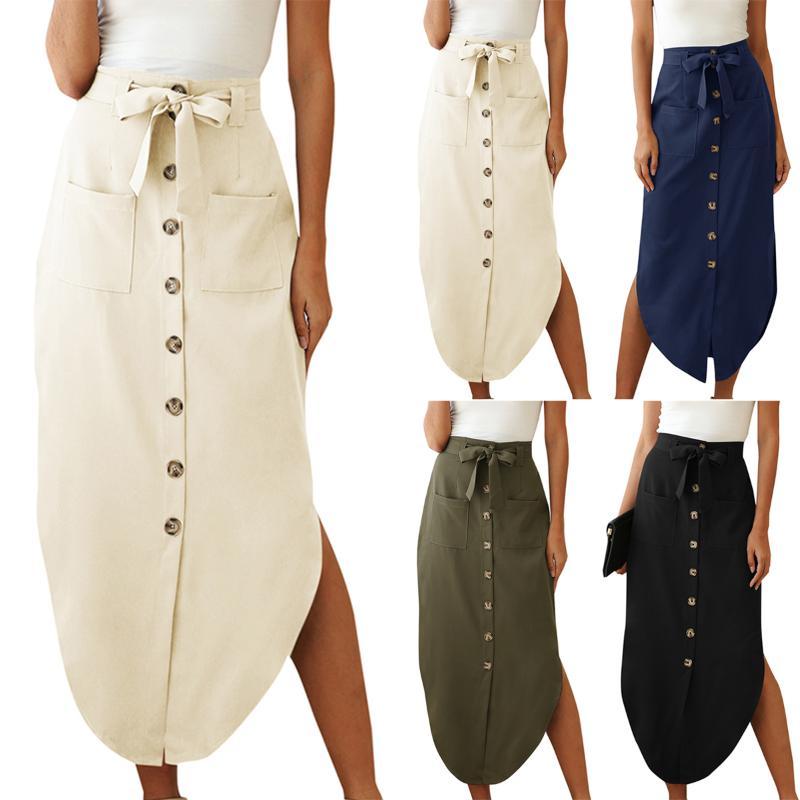 

Women Solid Skirt Irregular Mid-Calf High Waist Straight Skirt Lace Up A-Line Split Dress Office Lady Clothe, Creamy white