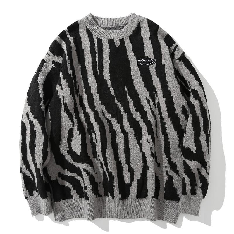 

LACIBLE Harajuku Sweater Pullover Men Zebra Pattern Knitted Sweater Hip Hop Streetwear Retro Autumn Oversized loosed Pullovers, Black