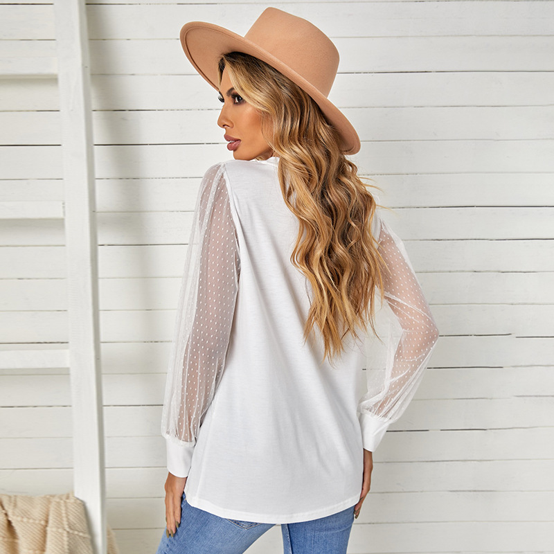 

Autumn New Style Net Yarn Long-sleeved Blouse Women Foreign Trade Round Neck Pullover Pure Color Chiffon Shirt, White