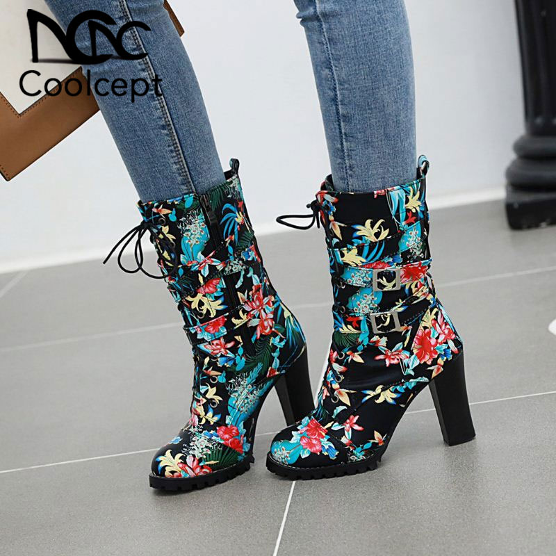 

CoolCept Plus Size 33-48 Sexy Ladies Buckle High Heels Motorcycle Boots Flowers Zipper Fashion Women Mid Calf Boots Footwear, Black