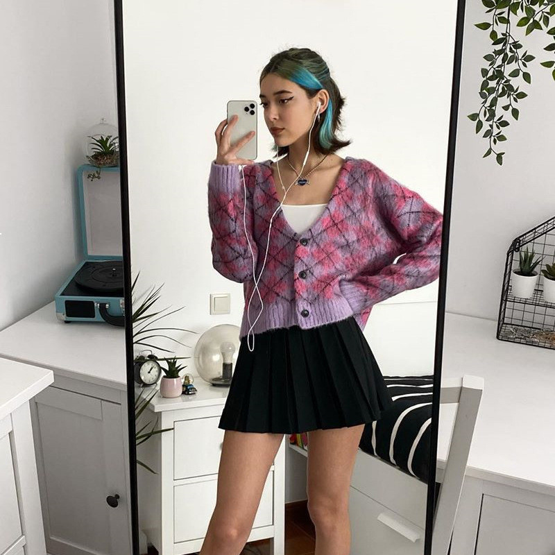 

2021 New Hairy Knitted Women's Preppy Comfortable with Oversized Cropped Cardigan Autumn Kawaii Vintage Jumpers QM8K 60UD, Purple