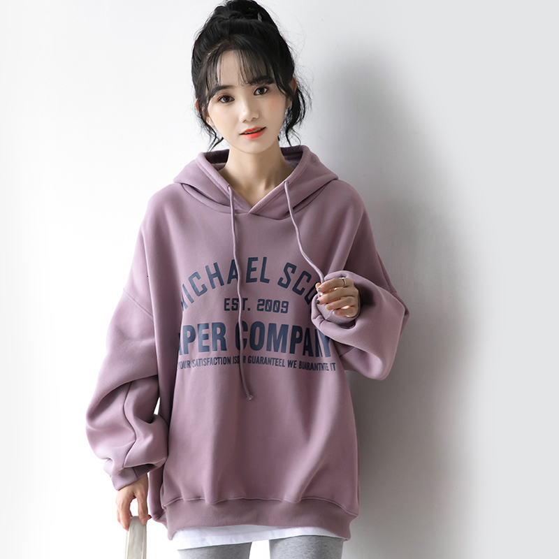 

2021 Autumn and New Letter Printing Plus Velvet Thick Female Sweater Loose Winter Student Coat Hoodie Tide 1OKX, Purple