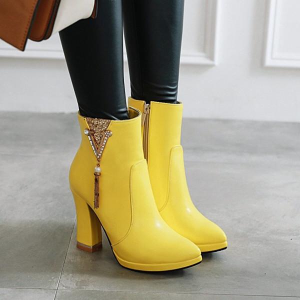 

PXELENA Fashion Chain Crystal Pearl Ladies Ankle Boots Women Chunky Block Square High Heels Party Dress Office Shoes Black White
