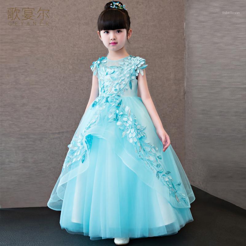 

Kids Pageant Mesh Dresses Sweet First Communion Flower Girls Wedding Prom Trailing Gowns Sequins O-neck Princesss Ball Gown1, Blue short