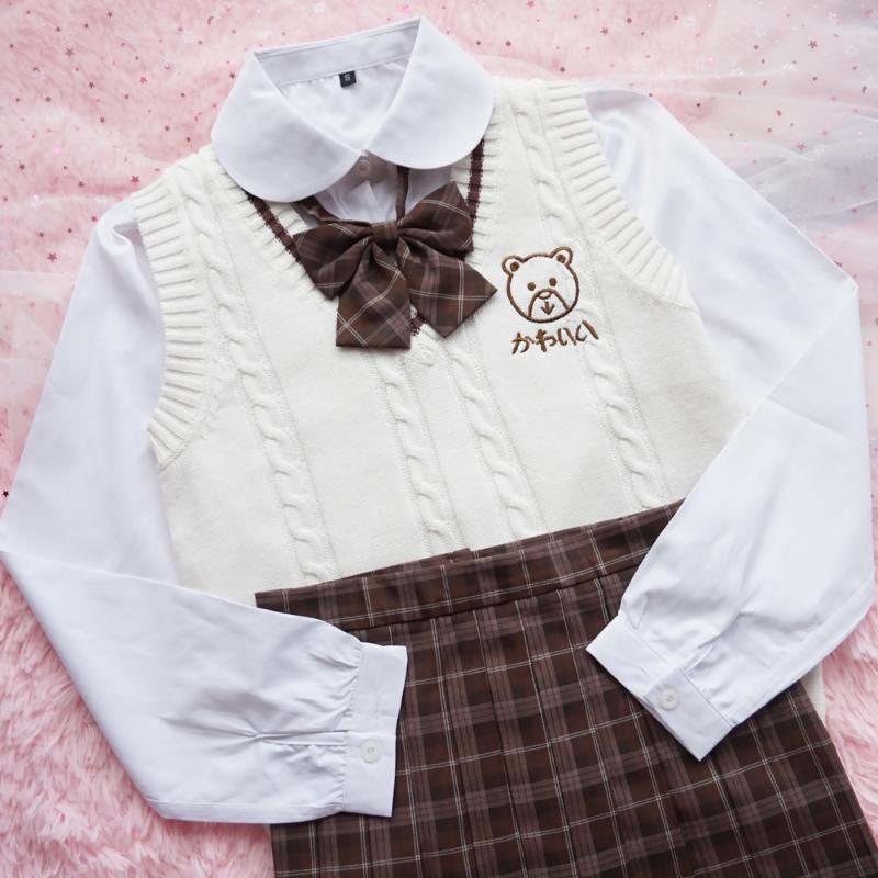 

Kawaii Cute Bear Embroidery Vintage Knitted Vest Japanese Preppy Style Women Sleeveless Sweater Skirt Shirt JK Uniform Suit, Only vest