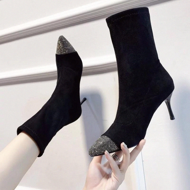 

2020 New Sexy Heels Woman Shoes Black High Ankle Boots Pointed Toe Bling Dress Shoes Thin Heel Stretch Fabric Botas mujer 8781N #aw25