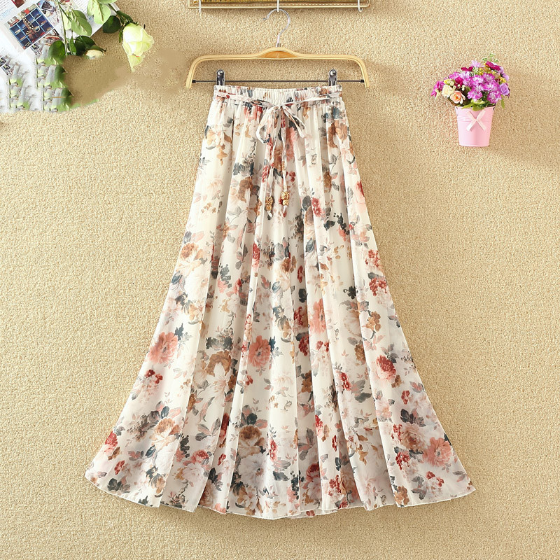 

2021 New Women Floral Print Chiffon Long Skirt Female High Waist Elastic Ladies Summer Sweet Casual Boho Beach Skirts Y180 Mmmx, White tshirt