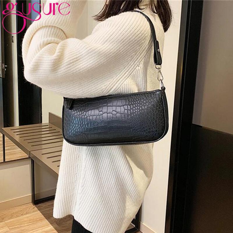 

Women Baguette Handbags High Quality PU Leather Luxury Crocodile Pattern Solid Color Purse Lady Shoulder Bag ins popular, Black