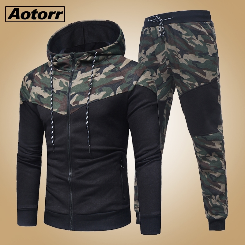 Men Causal Camouflage Patchwork Sets Camo Zipper Jacket+Pants 2PC Tracksuit Sportwear Hoodies Sweatshirt Pant Suit Plus Size 201118
