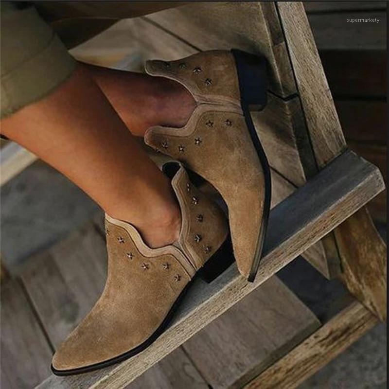 

Classic Metal Star Ankle Boots for Women Leather Cowgirl Boots Low Heels Shoes Woman Casual Short Botas Mujer #401, Brown