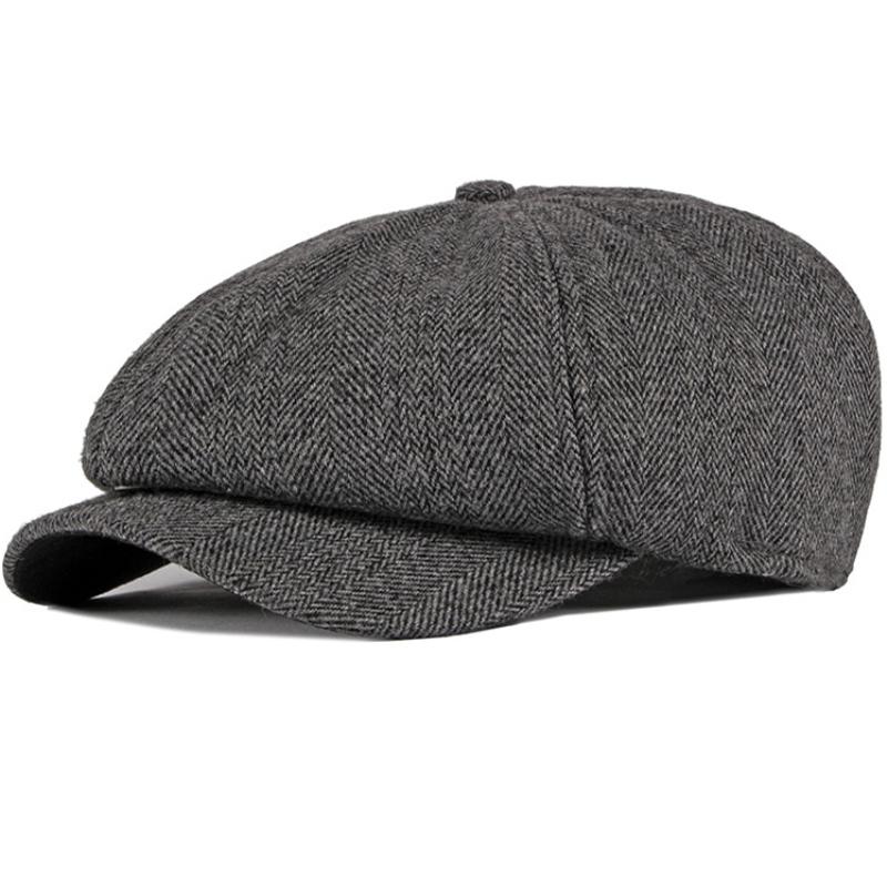 

HT2737 Beret Cap Autumn Winter Hat Cap Men Striped Octagonal Newsboy Male Thick Warm Men Beret Retro Ivy Flat Wool, Black