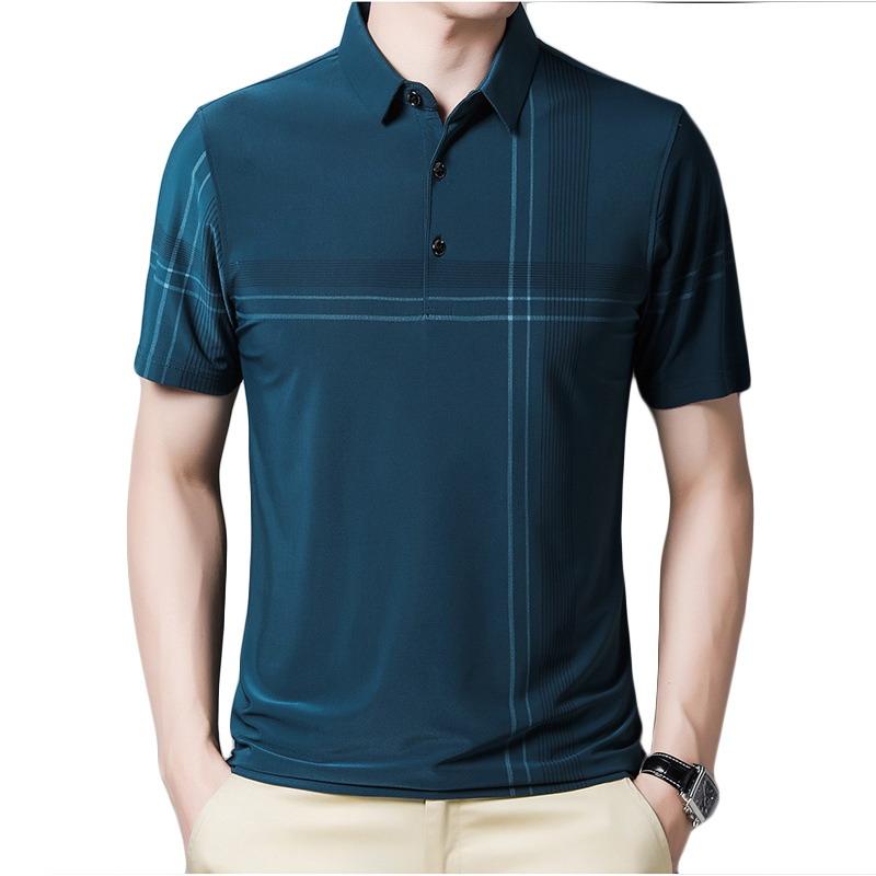 

2021 New Summer Milk Silk Short-Sleeved Shirt Men's Business Lapel Fashion Casual Loose Breathable Stripe British Couple, Black
