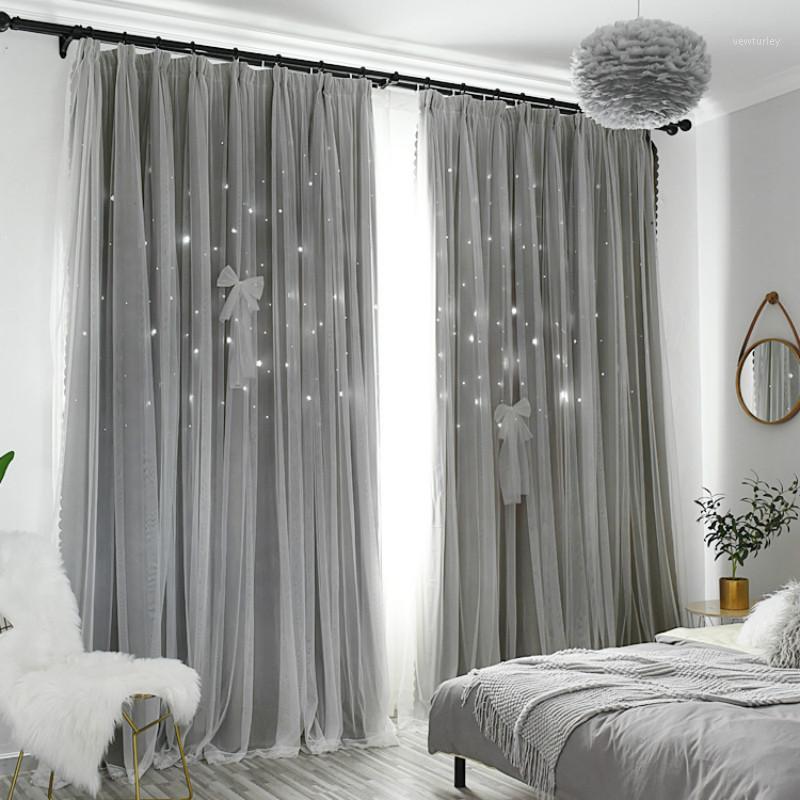 

Bedroom Living Room Blackout Curtain Korean Style Double-layer Sets Solid Lace Hollow Star Curtain Princess Mesh Yarn1, Light grey