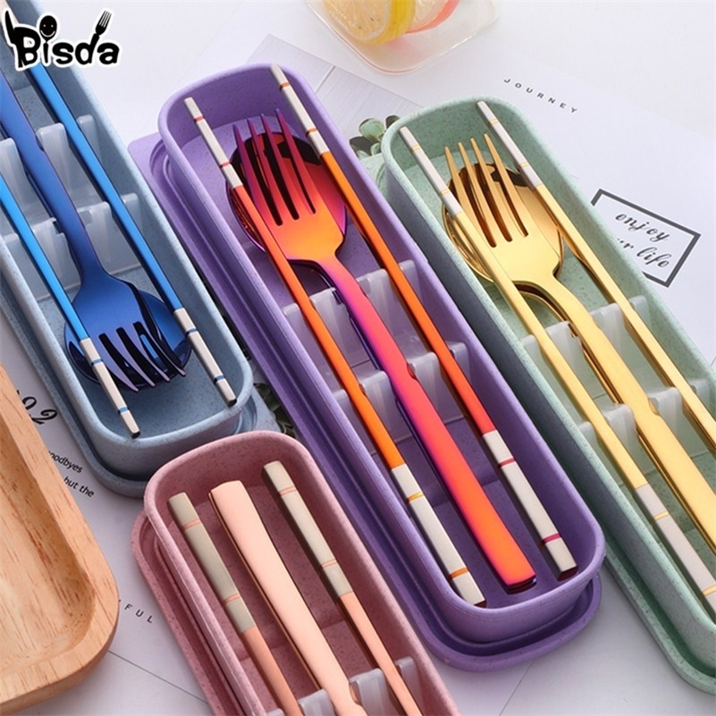 

Portable Dinner Set With Box Stainless Steel Chopstick Spoon Fork Set Travel Cutlery Kids For School Outdoor Picnic 201113