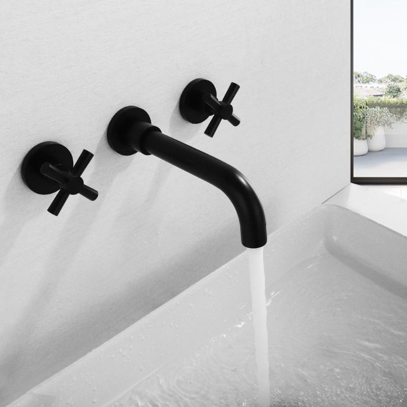 

SKOWLL Contemporary Dual Handles Matte Black Basin Set In Wall Mounted Bathroom Faucet Mixer