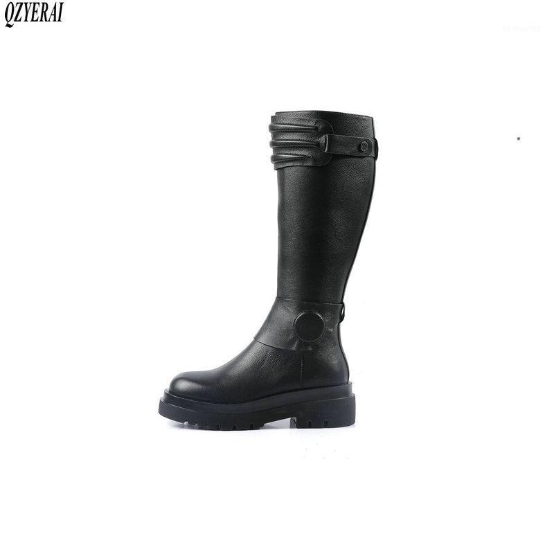 

QZYERAI New style The knee boots Genuine leather Female boots The knight Women's cowhide Women's shoes1, Black