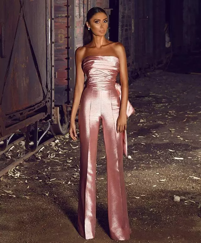 

2022 Rose Gold Prom Dresses Jumpsuit Elastic Satin Floor Length Sleeveless Bow Strapless Custom Made Plus Size Evening Party Gown vestidos Formal Occasion Wear, Fuchsia