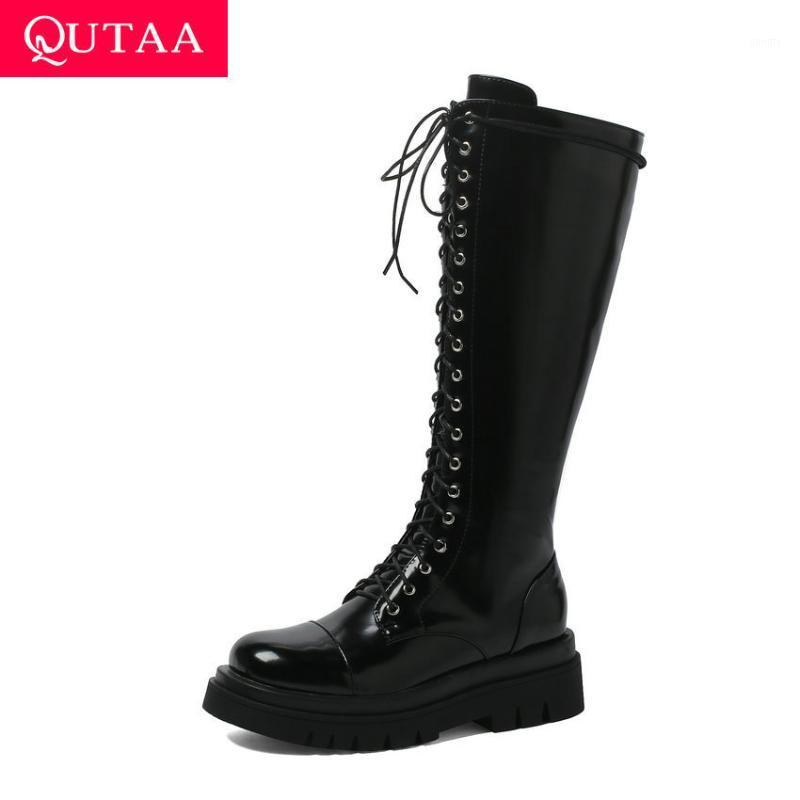 

QUTAA 2021 Square Heel Autumn Winter Knee High Boots Patent Leather PU Long Boots Round Toe Lace Up Zipper Women Shoes Size34-431, Black