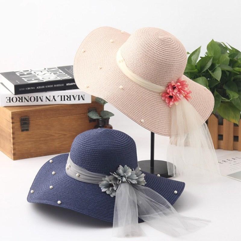 

Wide Brim Hats Seioum High Quality Summer Sun For Women Solid Large Brimmed Black White Floppy With Pearls Ladies Beach Hat, Khaki