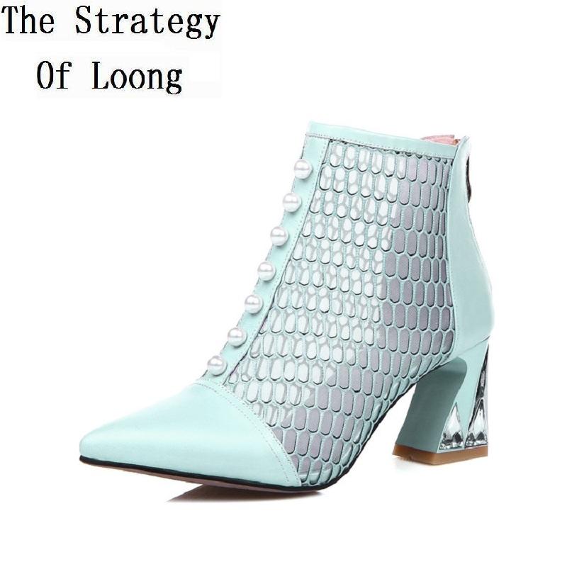 

Genuine Leather Pointed Toe Grenadine Thick Mid Heel Pearl Rhinestone Women Summer Ankle Sandals Boots Plus Size 30-45 SXQ720, Sky blue