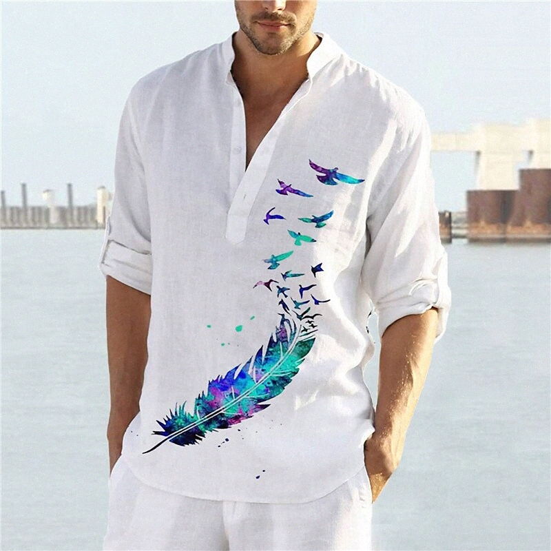Men's Shirt 3D Print Bird Feather Stand Collar Street Casual Button-Down Print Long Sleeve Tops Casual Fashion Comfortable Blue D2vy#