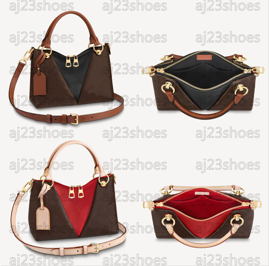 

V Tote MM Cross Body Bag Black/Caramel V shape Women Designer large triangular panel Cerise Red grained leather shoulder BB Small Bags, 01