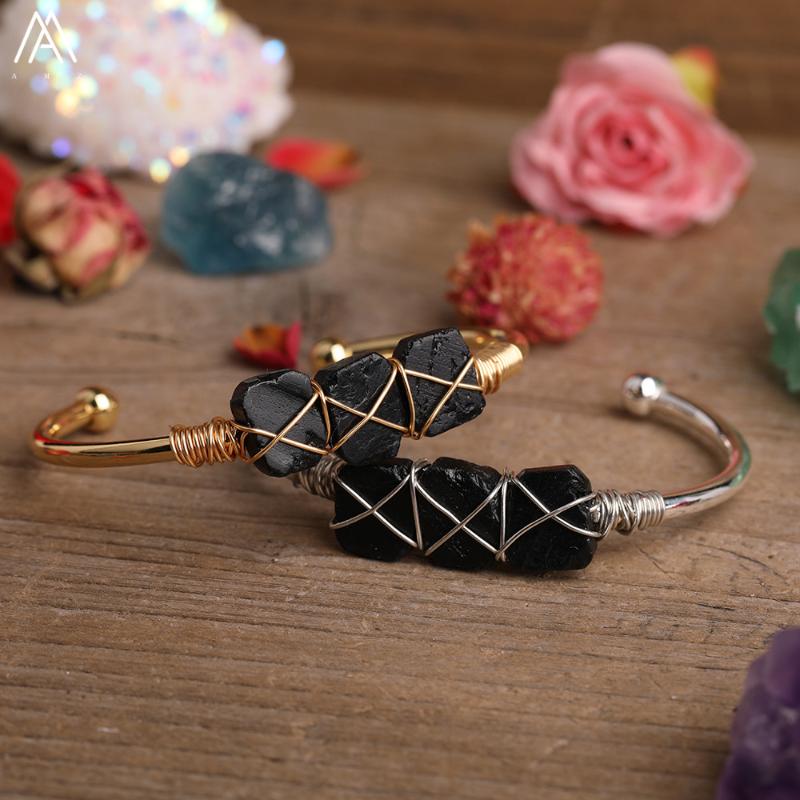 

Gold Silvery Copper Wire Wrapped Natural Black Tourmaline Stone Slice Slab Beads Open Bracelet For Women Jewelry