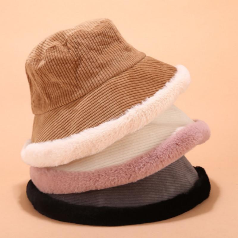 

Warm Corduroy Winter Bucket Hat Women Casual Thicken Plus Velvet Panama Outdoor Sports Fleece Lining Fishing Female Cap Bob, White