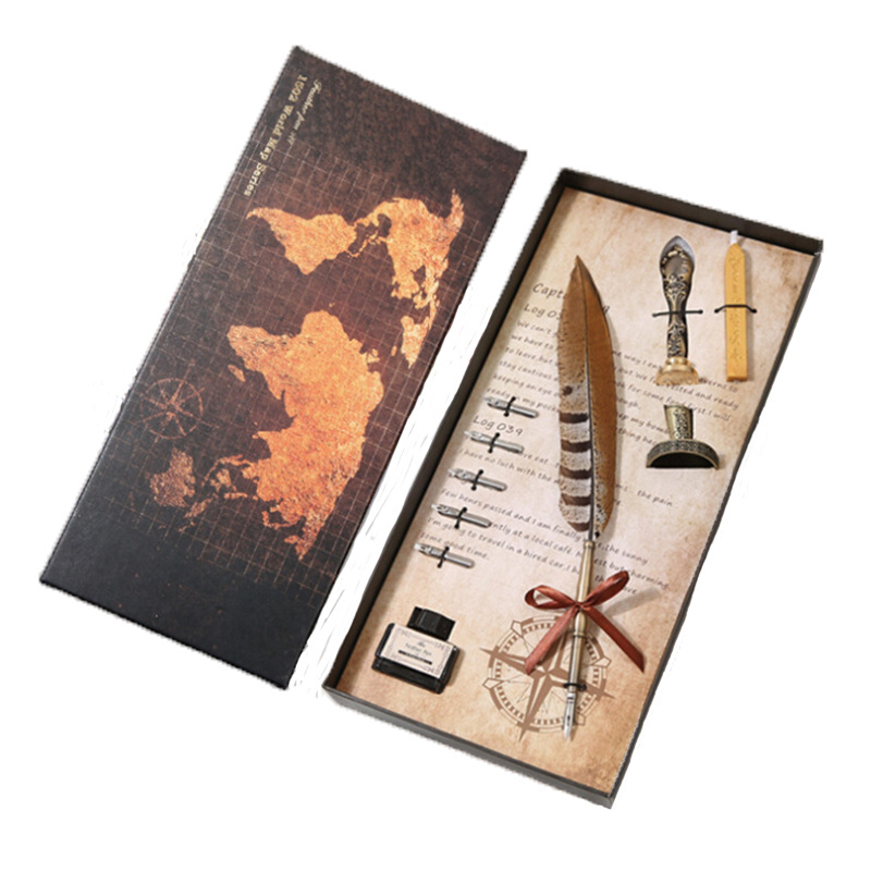 

Antique feather pen Writing ink set stationery gift box 5 nib wedding gift feather pen Student Business, Red