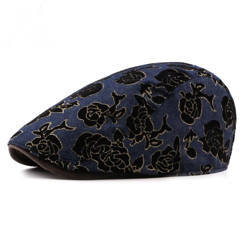 

Lady's Cotton Print Floral Beret Curved Brim Cap Fashion Duckbill Berets Hat Driving Caps Adjustable Size Hats For Women, Black