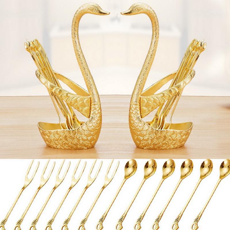 

7Pcs Swan Fruit Base Holder Forks Set Stainless Steel Salad Dessert Forks Coffee Spoon Cake Kitchen Decor Flatware Set Tableware1