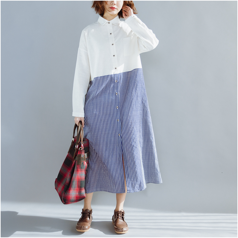 

2021 New Summer Plus Size Robe Femme Patchwork White Women Vintage Classic Blue Stripe Long Sleeve Shirt Uf9z