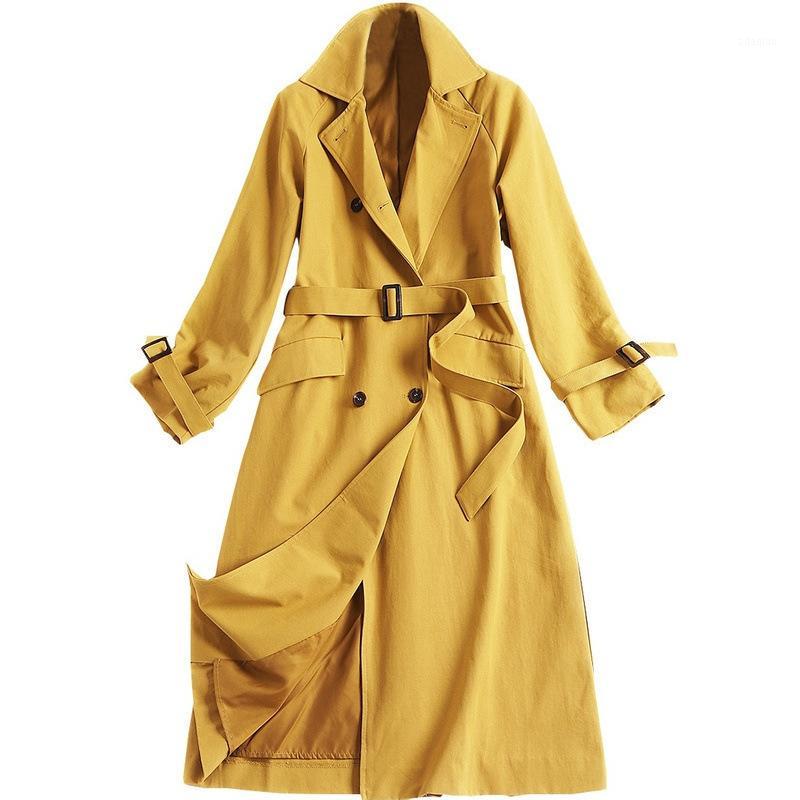 

Fashion women's windbreaker early autumn 2020 solid Lapel lace up long coat double breasted cardigan1, Black