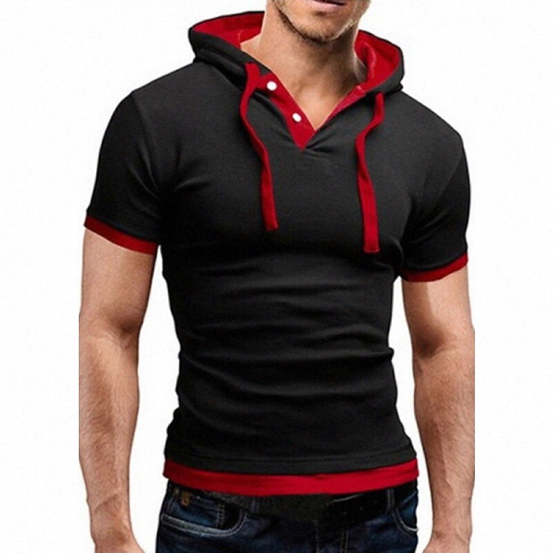 T-shirt Hommes à capuche Sports quotidiens Skinny Skinny Tops Basic Bleu Noir Noir / Rouge Noir / Blanc / Été A7ER #