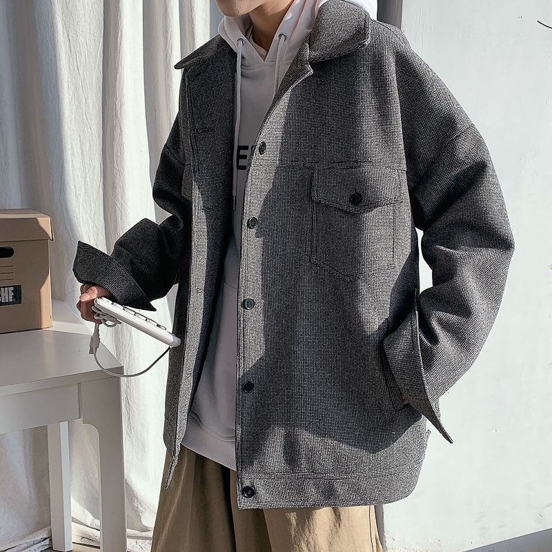 

2021 New Men's Casual Oversize Winter New Woman Classic Short Woolen Coat Korean Streetwear Man Clothing 0983, Gray